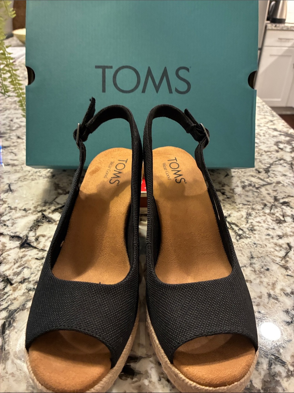 TOMS Black Open-Toe Espadrille Wedges